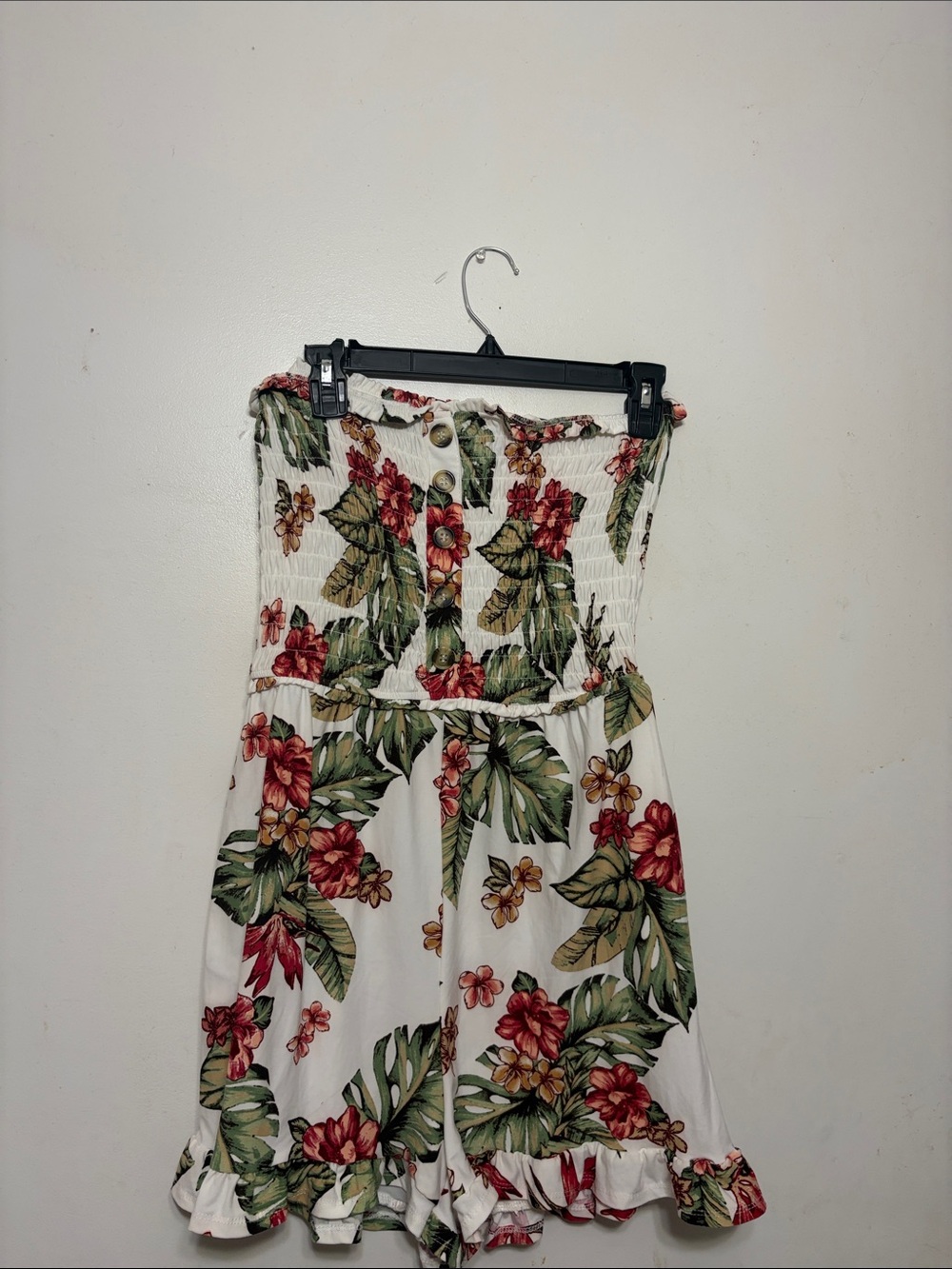 Derek Heart White Strapless Floral Romper with Green & Red Leaves
